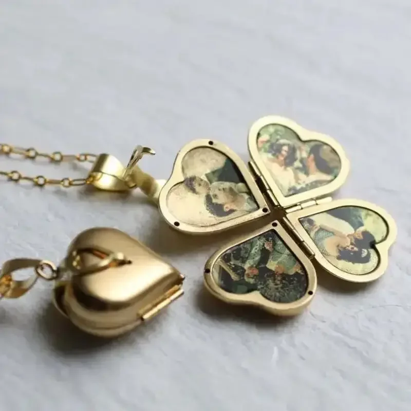 Heart Locket Necklace Photo - Colar vintage dobrável multicamadas coração família